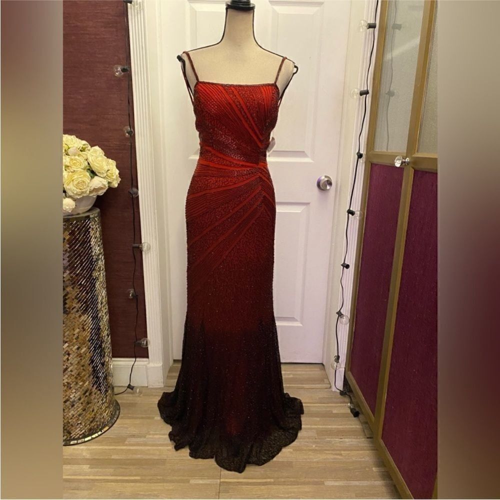 NWT Mia Bella Elegant Red and black ombre all beaded Maxi Dress, S